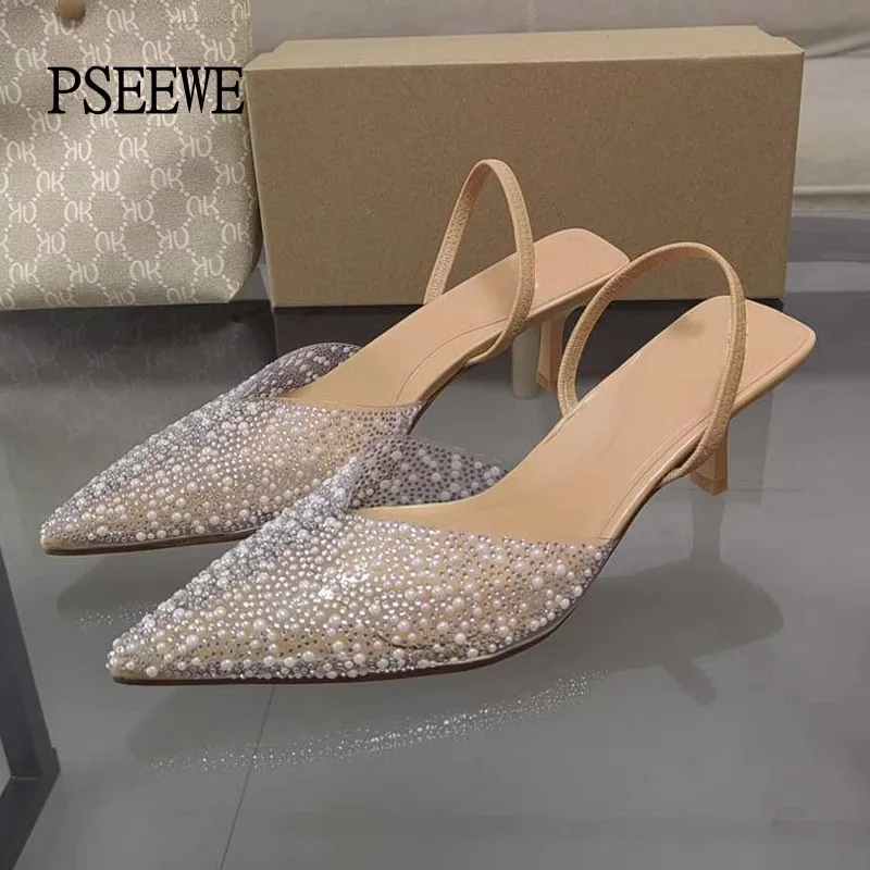 

PSEEWE Women Slingbacks High Heels 2024 Summer Fashion Rhinestone Pearl Sandals Woman Elegant Pointed Toe Shoes For Women Heeled