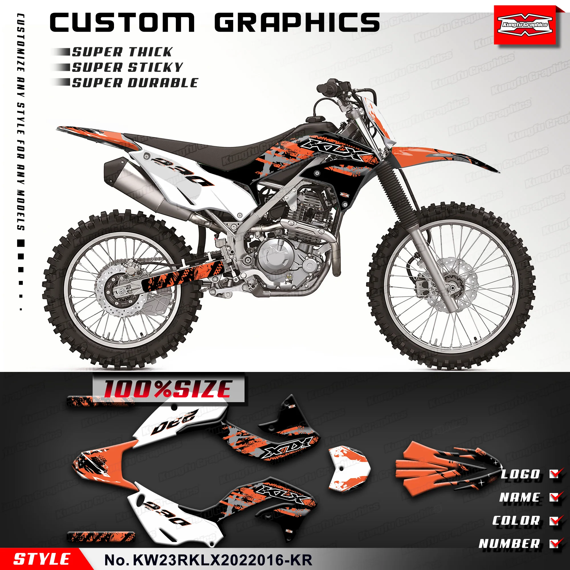 

KUNGFU GRAPHICS Motorcycle Decals Vinyl Graphics for Kawasaki KLX230R KLX230RS 2020 2021 2022 2023 2024, KW23RKLX2022016-KR