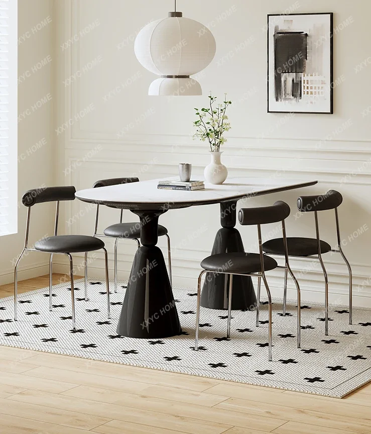 

Small Apartment Dining Table Household Restaurant Cream Wind Black Dining Table Rectangular Stone Plate Kitchen Island Dining