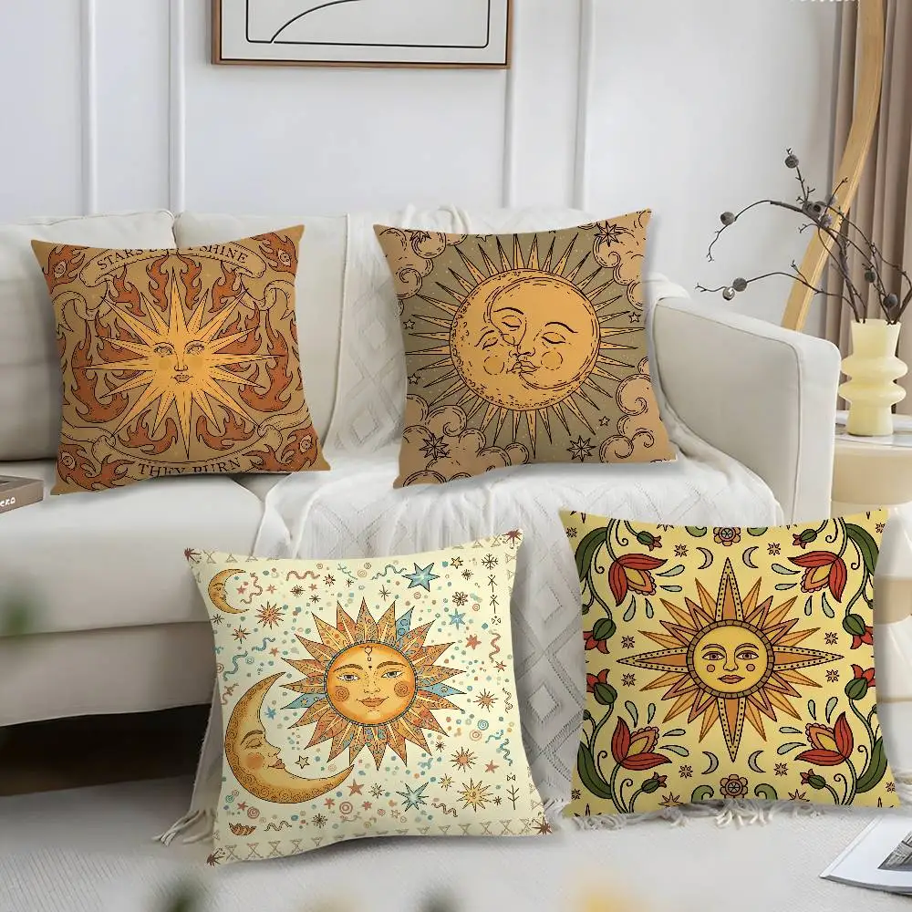 Retro Sonne und Mond Kissenbezug, kurzer Plüschdruck, Kissenbezug, quadratisch, Dekokissenbezüge, Sofa, Heimdekoration