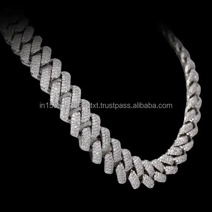 925 Sterling Silver Miami 14mm Rounded Cuban Chain with Use of Vvs Moissanite Diamond Chain for Unisex From India