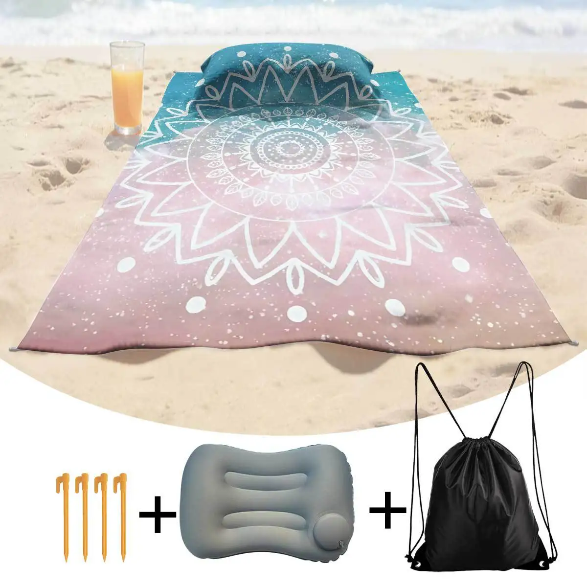 Microfiber Beach Towel Set Summer Outdoor Large Bath Towel Anti-sand Absorbent Swimming Towel with Inflatable Pillow
