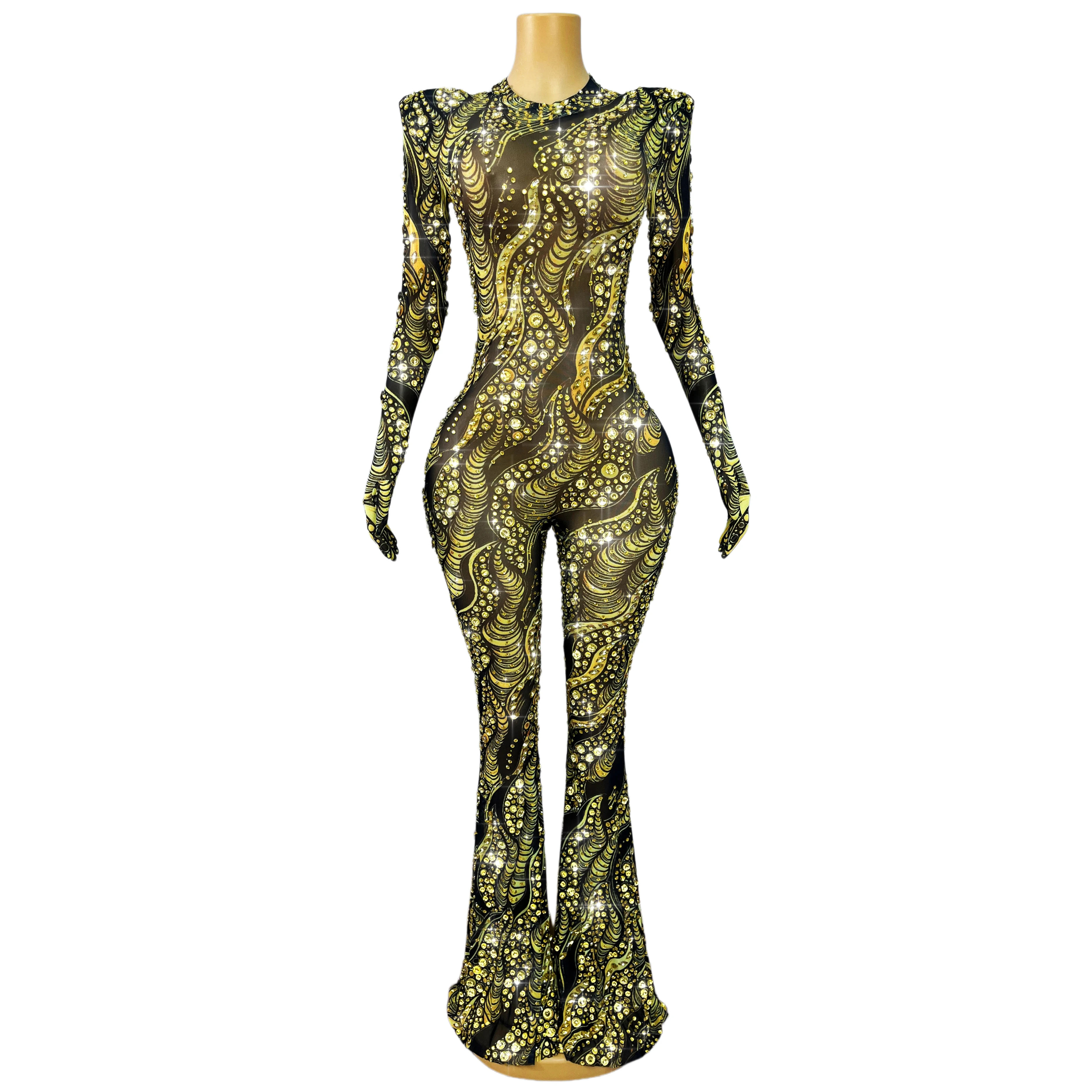 New Special Designed Shining Gold Rhinestones Bell-bottoms Mesh Bodysuit Evening Party Fashion Show Stage Outfit Jinchanyong