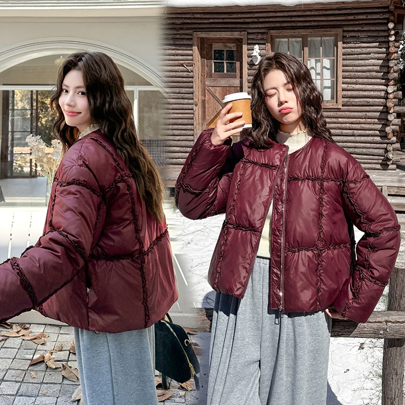

Chic Design Black Fungus Lace Cotton Clothes Winter New Short Women's Down Cotton Padded Jackets Long Sleeve Round Neck Outwear