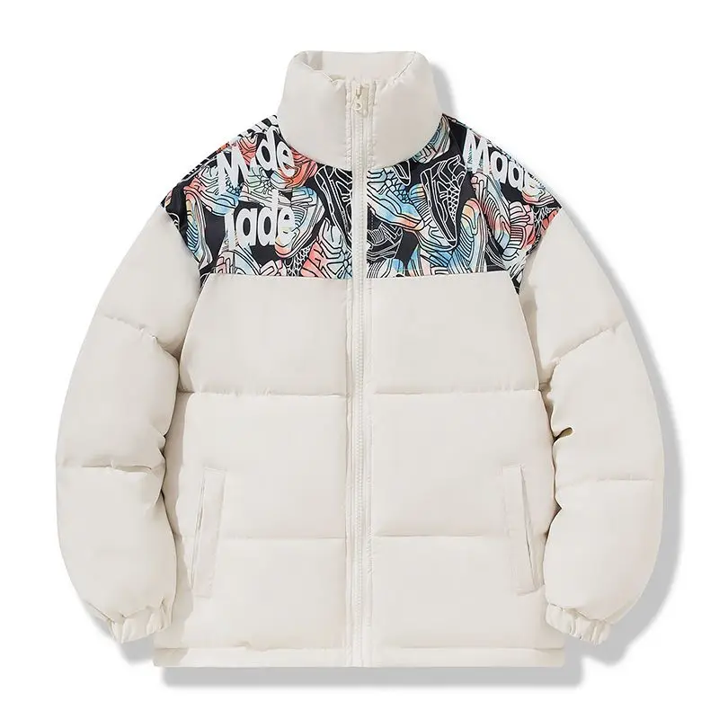 Men's Women's Winter Thickened Cotton Padded Jacket Loose Fit Stand Collar Couple Coat Color Block Bread Outerwear Trendy Jacket