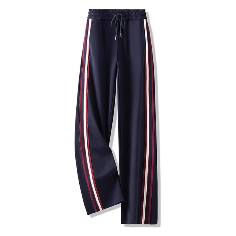 

Autumn High-Waisted Pants for Women, Fleece-Lined Striped Straight-Leg High-Waist Slimming Sports Sweatpants