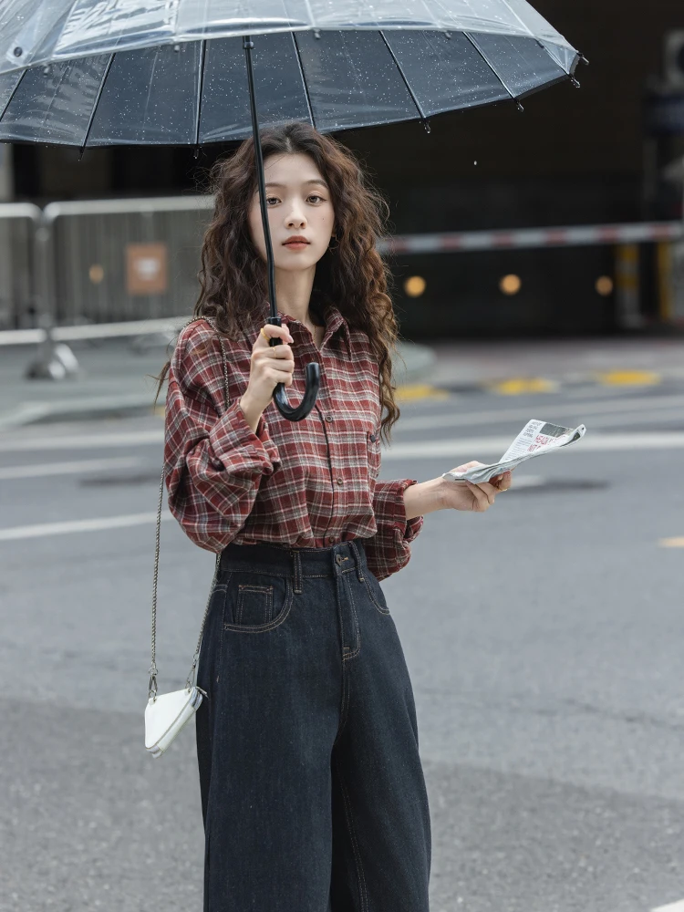 

Red Plaid Brued irt Women's Loose Long Sve Vintage Sle Commute Faion Spring Autumn New Arrival Layering Top