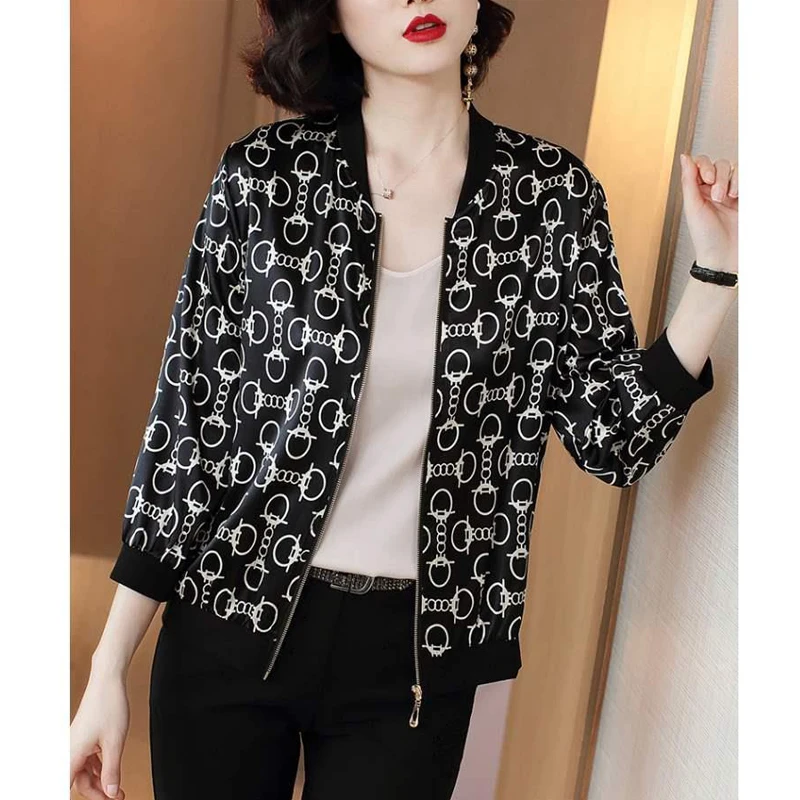 Women Fashion Print Slim Long Sleeve Zipper Baseball Jackets Spring Autumn Casual Thin Outerwear Short Coat Female Clothing 4XL