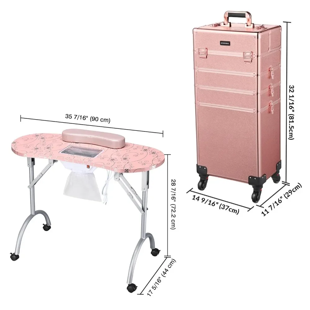 Rolling Manicure Table 2/4in1 Makeup Train Case Foldable Nail Desk Cosmetology Case on Wheels with Built-in Dust Collector