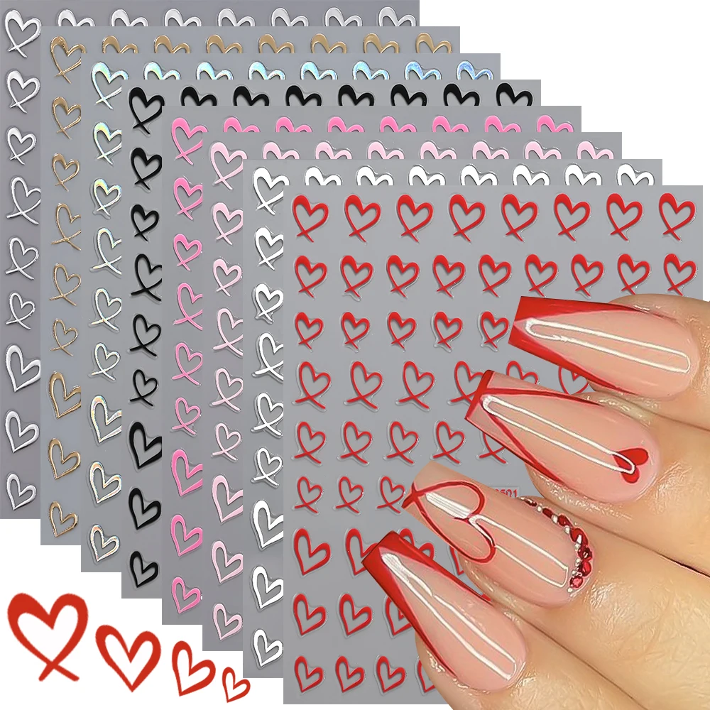 8 colores 3D pegatinas de uñas de corazón de amor francés pegatinas adhesivas de corazón hueco para uñas DIY decoración de manicura Simple para el Día de San Valentín