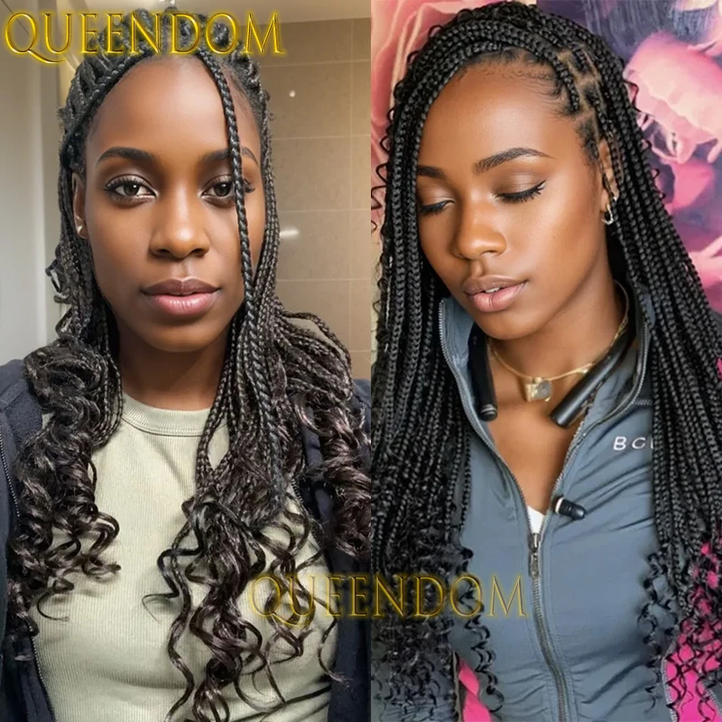 

Synthetic French Curl Braid Wig 24 Inch Full Lace Cornrow Plait Braided Wig with Wave Curly Ends Knotless Crochet Box Braids Wig