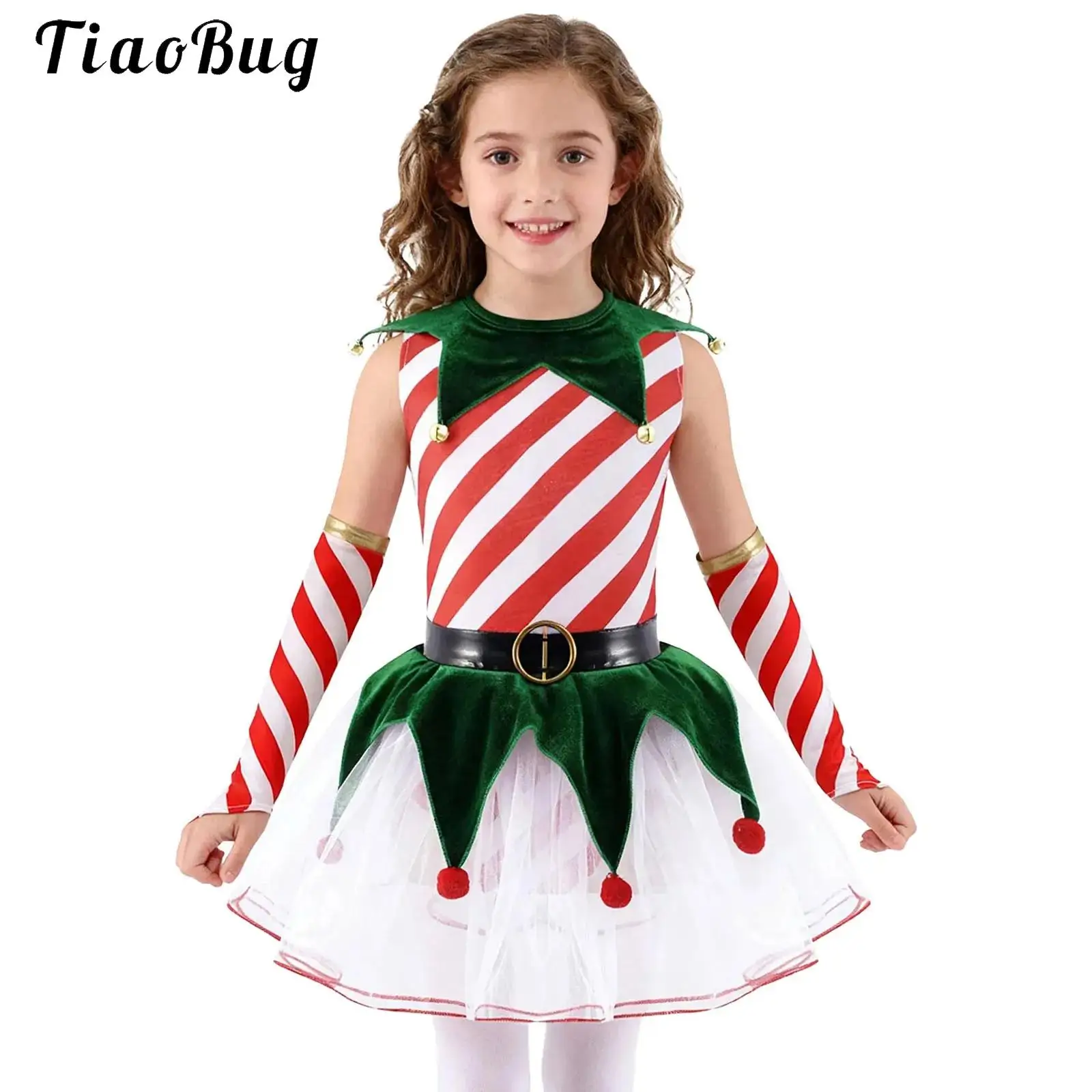 Girls Christmas Dance Costume Outfits Candy Cane Elf Santa Claus Leotard Dress Ballet Skating Gymnastics Performance Costume