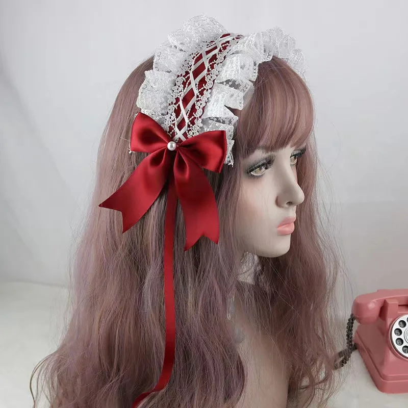 Bandeau Lolita doux pour fille, doux, polyvalent, en dentelle, couvre-chef, nœud de demoiselle d'honneur, broderie, ruban, épingles à cheveux, coiffure de Cosplay Anime