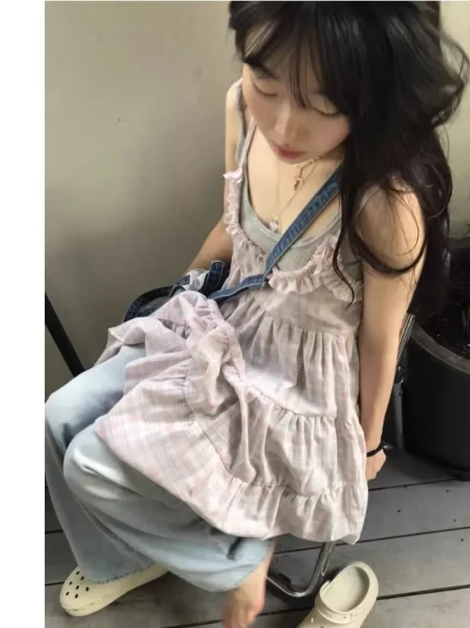 Summer Vintage Sweet Girl Cute Puffy Plaid Lace Cake Dress Women's Strap Dress Full Size Regular Length No Chest Pad