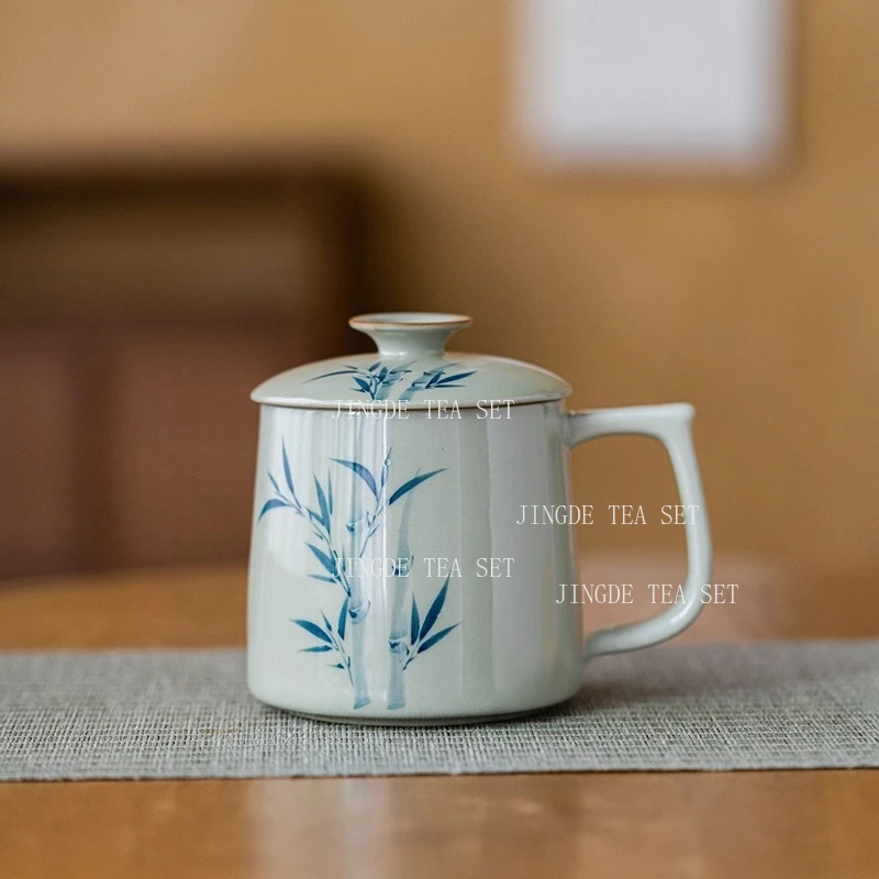 Ceramic Covered Teacup Office Tea Set Water Cup Hand Drawn Mug Grass and Ash Underglaze Colored Tea Cups Coffee Mug