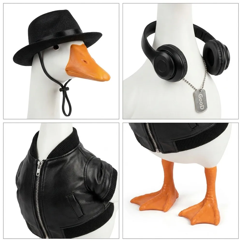 7 Inch Goose Costume Set Rock Theme Polyester Material Includes Jacket Headphones Wide Brim Hat and Chain Necklace for Desk