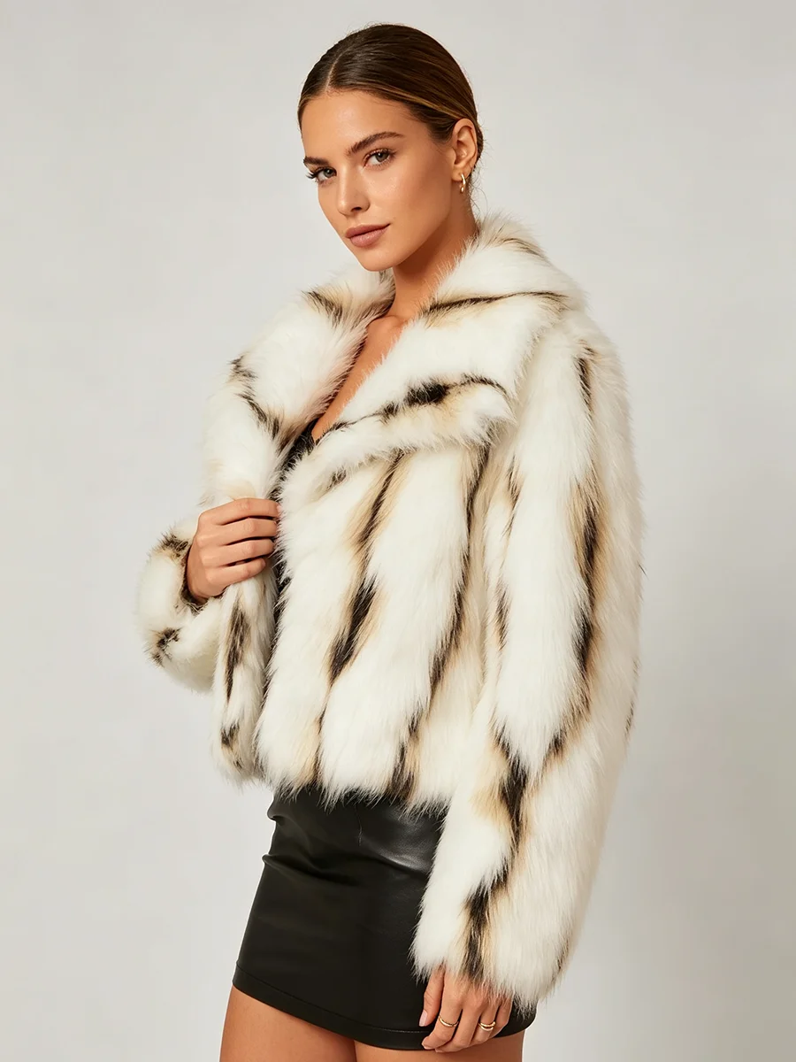 PUAL Women Short Faux Fur Jacket Big Lapel Collar Striped Furry Coat Winter Warm Thick Plush Outerwear Party Streetwear