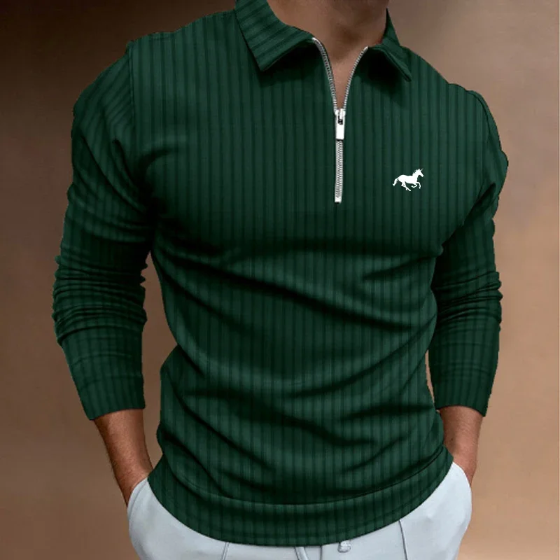Men's Long-Sleeved Striped Zipper Lapel Polo Shirt Casual Business Top for Spring And Autumn New