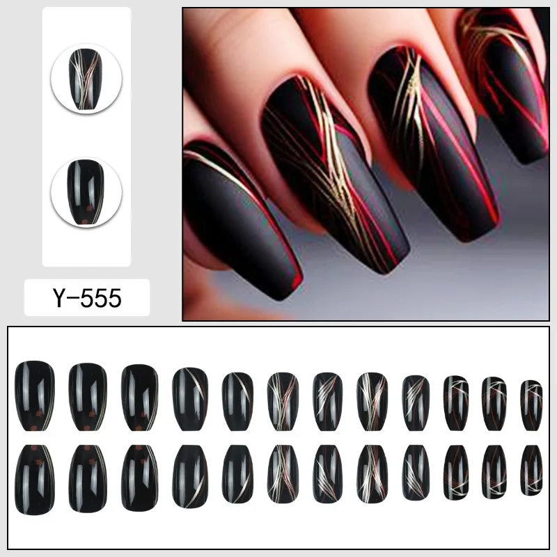 24PCS Ballet False Nails with Golden Lines Black Short Coffin Fake Nails for Women Minimalist Style Wearable Press on Nails Tips
