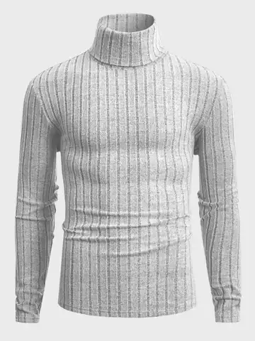 Men's Turtleneck Long Sleeve Sweater Vertical Striped Slim Fit Ribbed Knit Pullover Casual Stretch Base Layer Tops