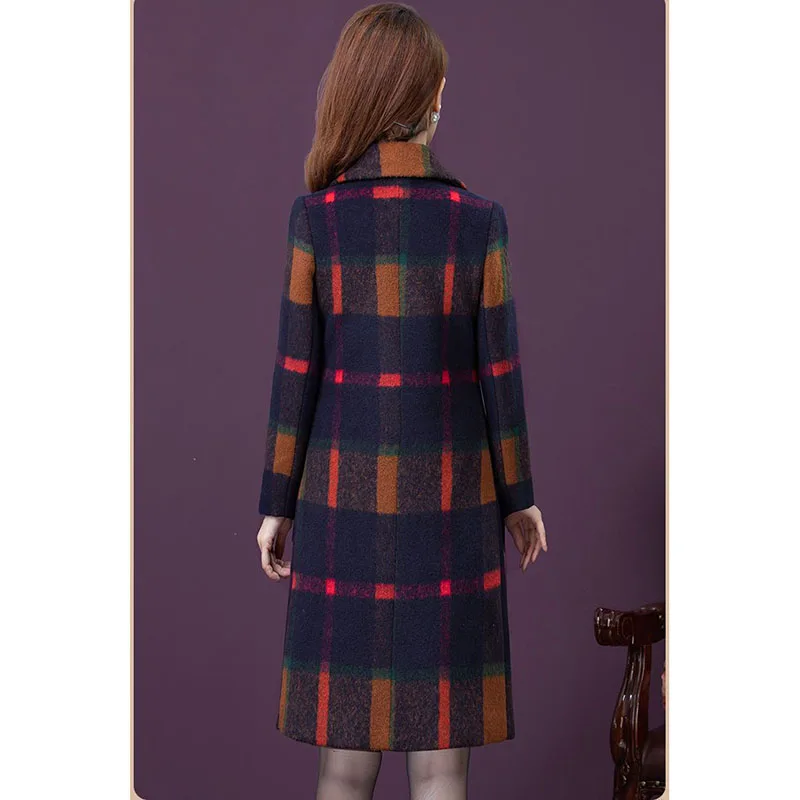 High Quality Women Woolen Coat Autumn Winter 2024 New Retro Plaid Elegant Mid-Length Slim Wool Outerwear Female Overcoat 5XL
