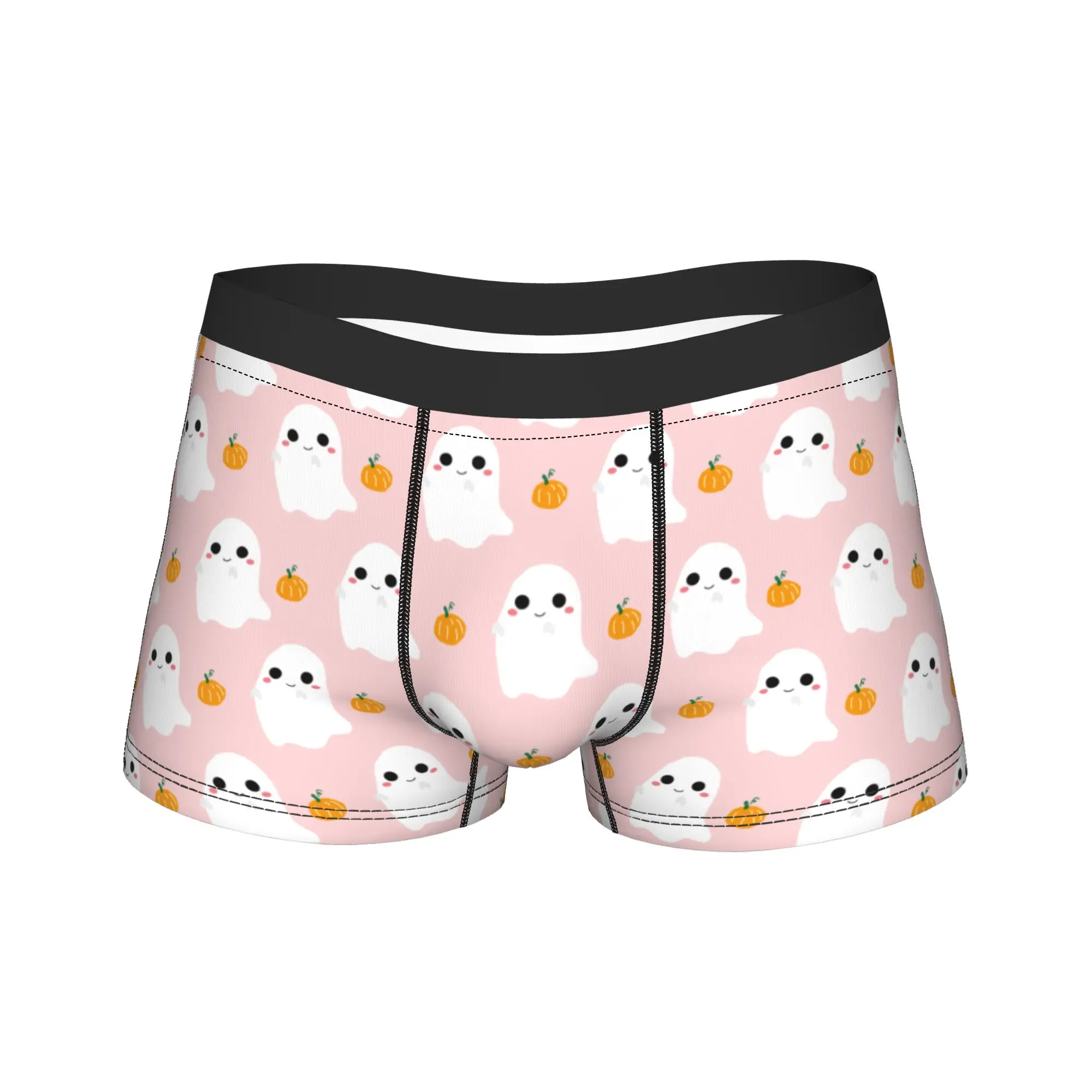 Man Cute Pink Halloween Ghost with Pumpkin Long Underwear Cartoon  Boxer Briefs Shorts Panties Male Polyester Underpants M-XXL