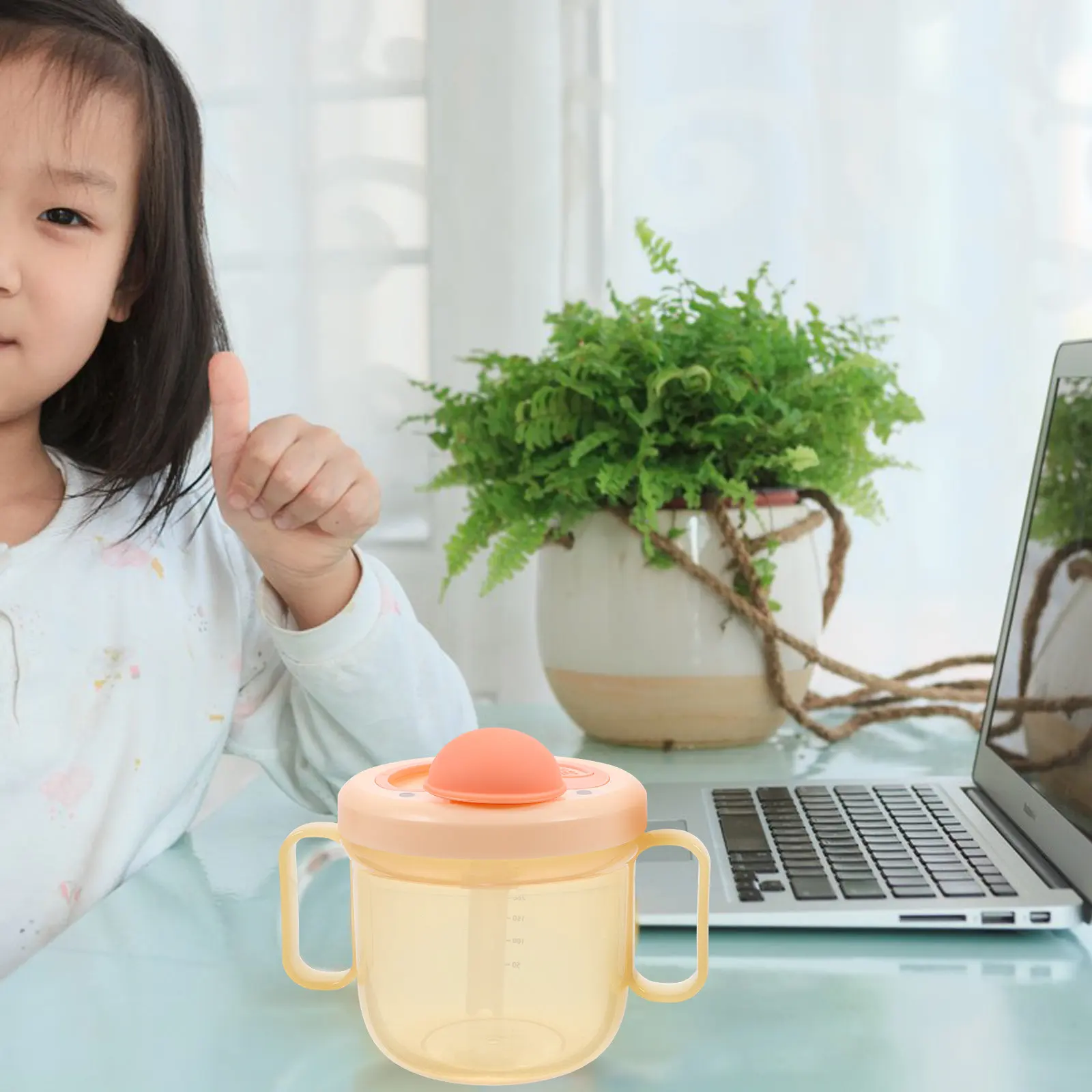 

Elderly Care Drinking Cup Pink Silicone Baby Cup with Handle Built-in Straw Measurement Markings Spill Proof Toddler Training