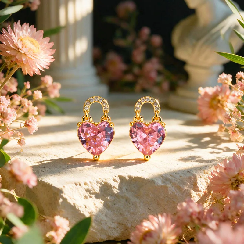 High-end Versatile Girly Sweet Style Niche Design Pink and Purple Zircon Love Lock Earrings Luxury 9999 24K Real Gold Earrings