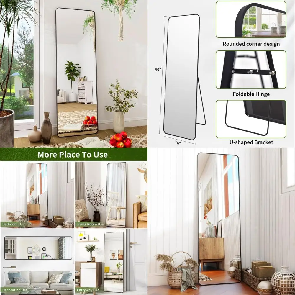 Bodenspiegel in voller Länge mit Metallrahmen, stehend oder anlehnen, abgerundete Ecke, geeignet für Wohnzimmer und Flure