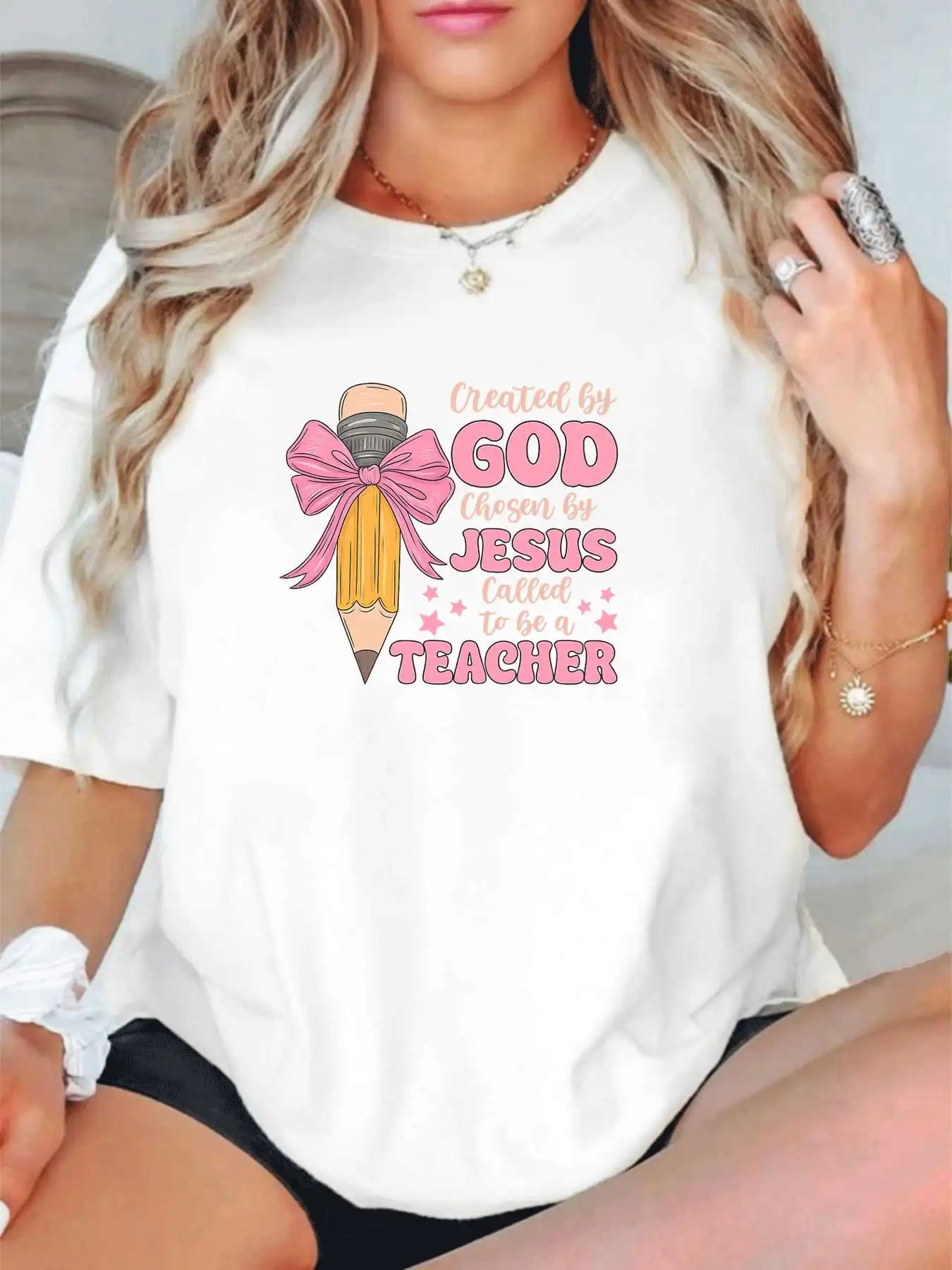 【3351238】Plus size women's round neck short sleeve T-shirt with elastic half sleeves and trendy prints