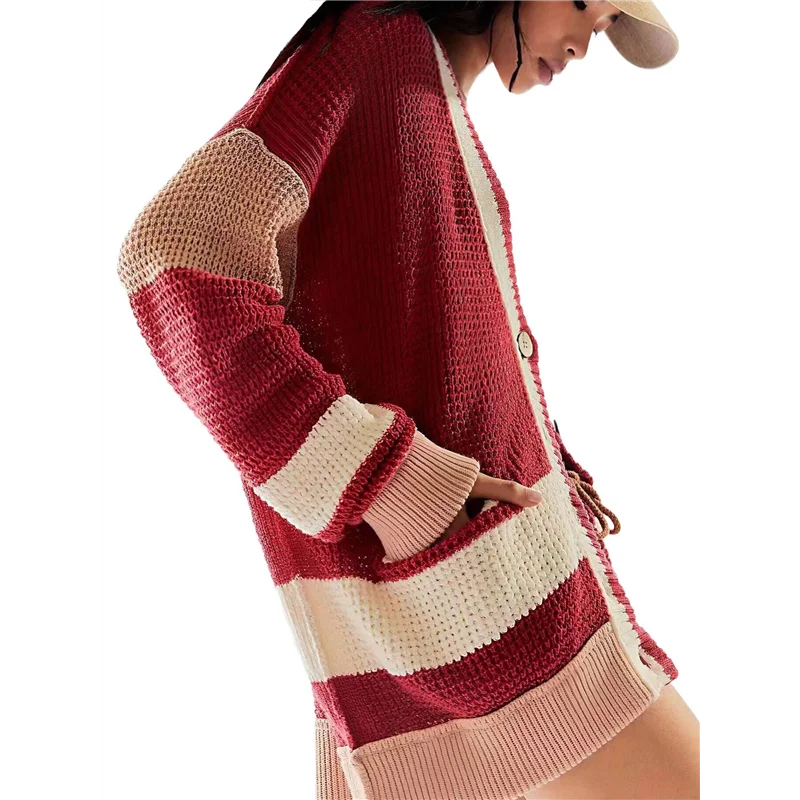 Womens V Neck Cardigan Sweaters Color Block Button Oversized Long Sleeve Open Front Knit Sweater Coats Brick Red M-ABQU