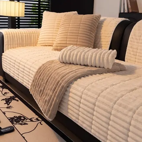 Thicken Solid Quilting Warm Stripe Flannel Sofa Cover, for Winter Living Room Warm Soft Sofa Towel Multiuse Sofa Pad Slipcover