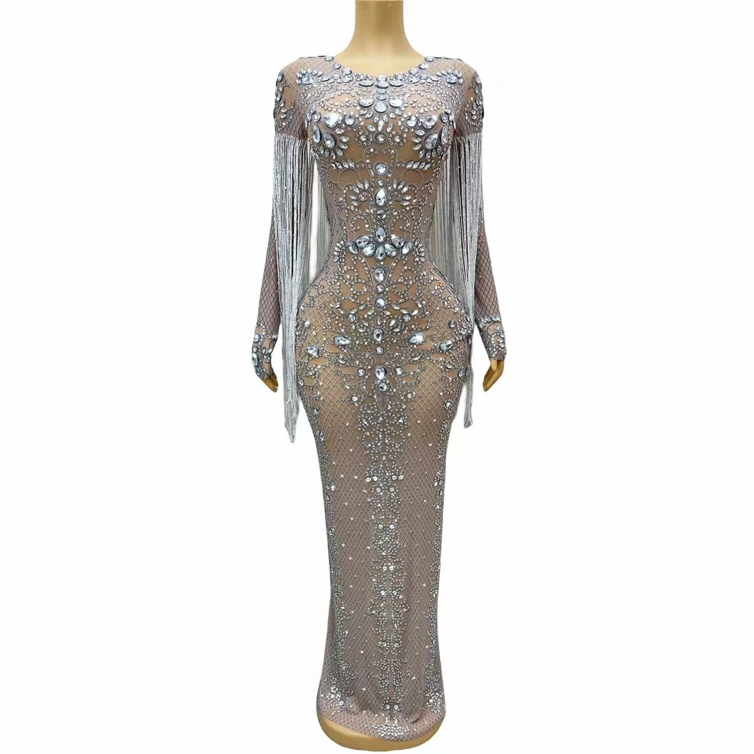 

Women's Sparkly Crystals Sequins Fringes Long Dress Stage Photo Shoot Wear Evening Wedding Prom Birthday Party Rhinestones Dress