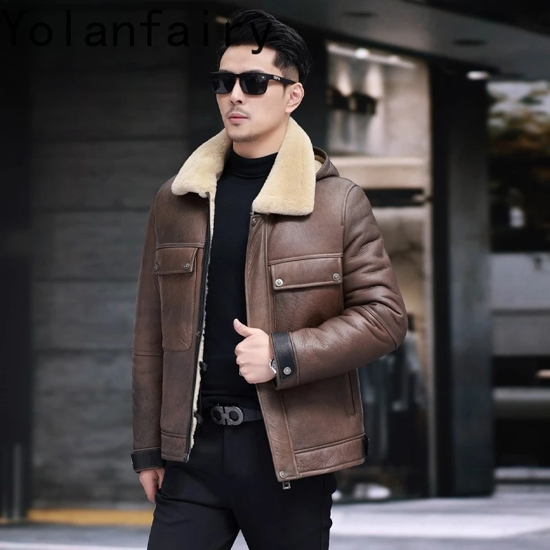 YOLANFAIRY Mantel Bulu Alami Musim Dingin 2025 Mewah Pria Jaket Kulit Domba Asli Pria Jaket Mantel Bulu Wol Hangat dengan Tudung yang Dapat Dilepas