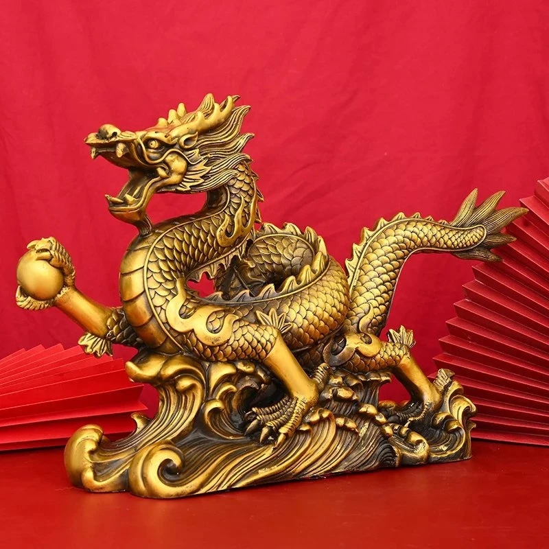 [Copperware] Brass Ornament: Golden Dragon Playing with Pearls, Decorative Piece for Home, Living Room, Office, Zodiac Dr