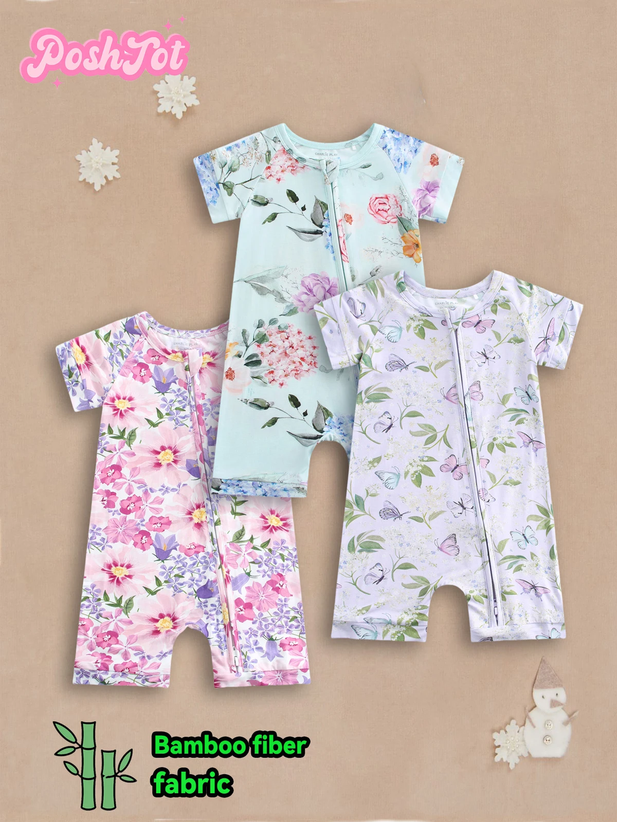 

3pcs POSHTOT Flower pattern bamboo fiber baby short sleeve. Baby pajamas two-way zipper 0-2 years romper.Baby jumpsuit.