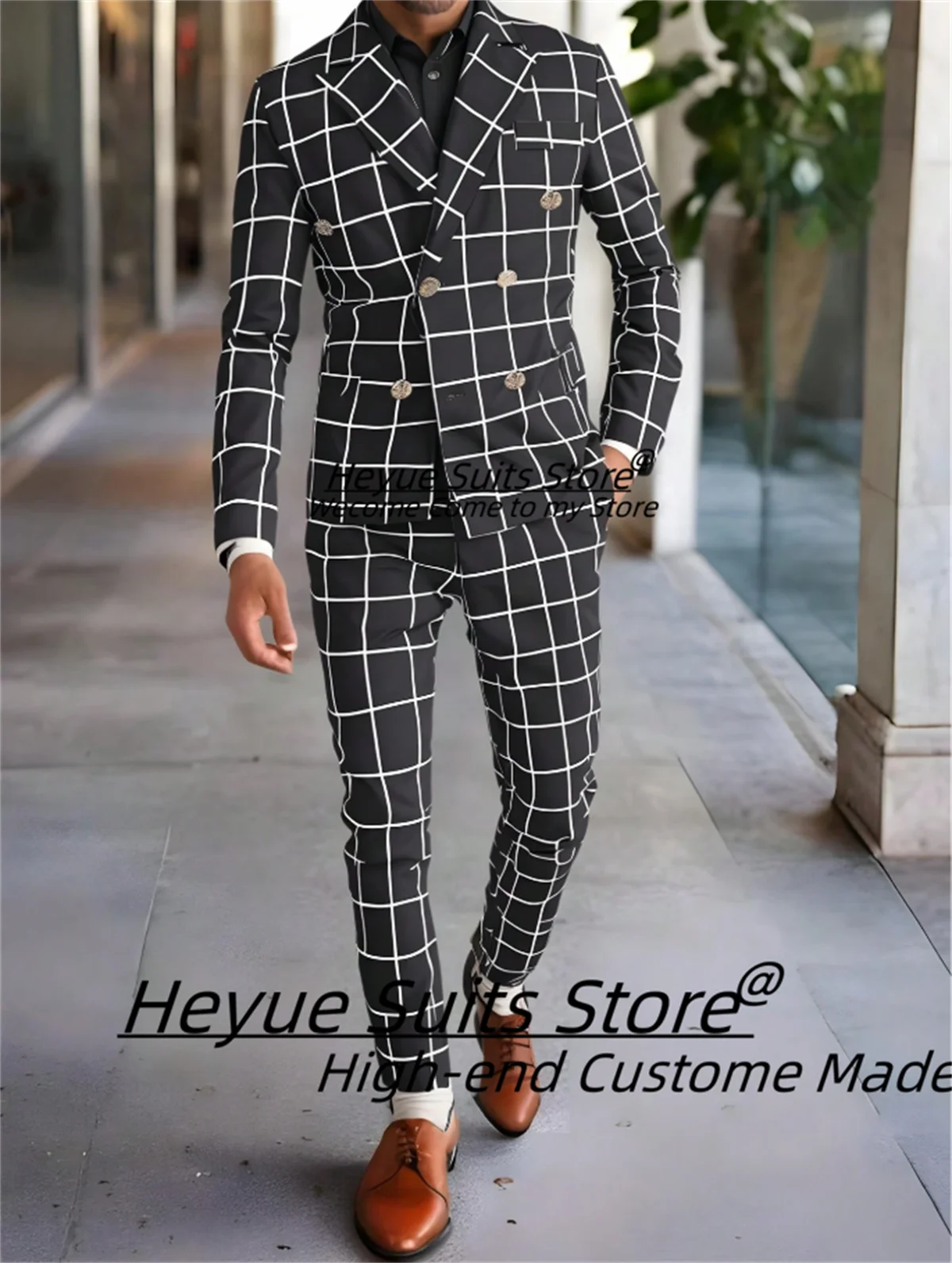 

High-qubilty Black Plaid Men Suits Slim Fit Double Breasted Groom Formal Tuxedos 2 Pieces Sets Business Male Blazers Ropa Hombre