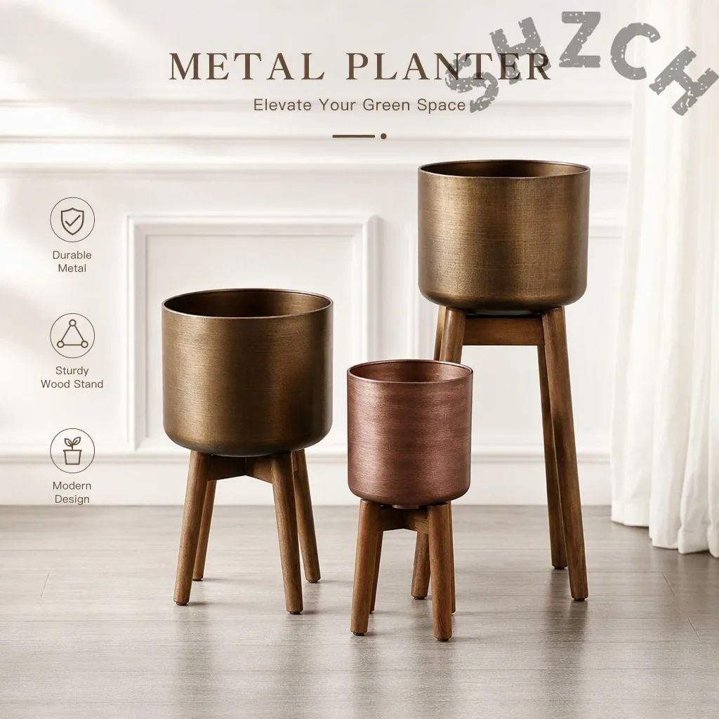 Modern Industrial Wooden Plant Stand with Detachable Iron Basket for Home or Office Desk Decor