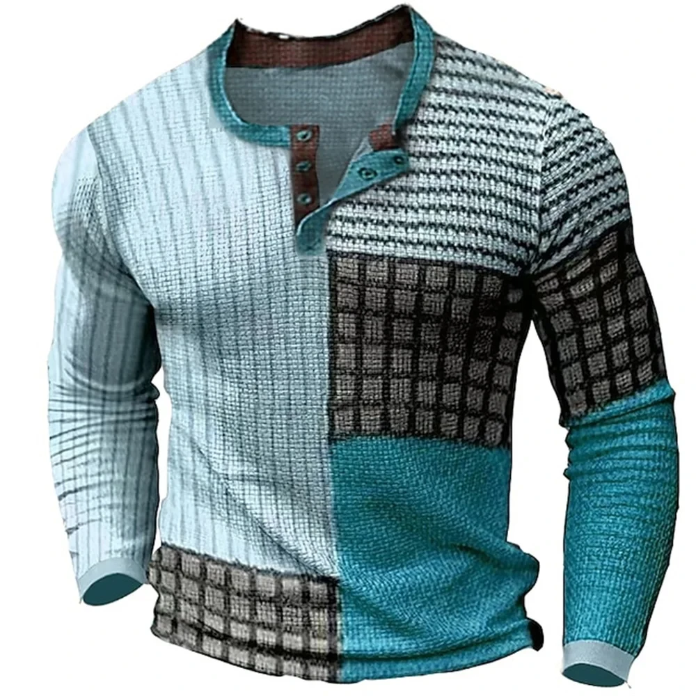 New Color Block Patchwork 3D Printed Henley Shirts Men\'s Fashion Vintage Button-Down Long Sleeve T Shirt Man Tees Tops Clothing