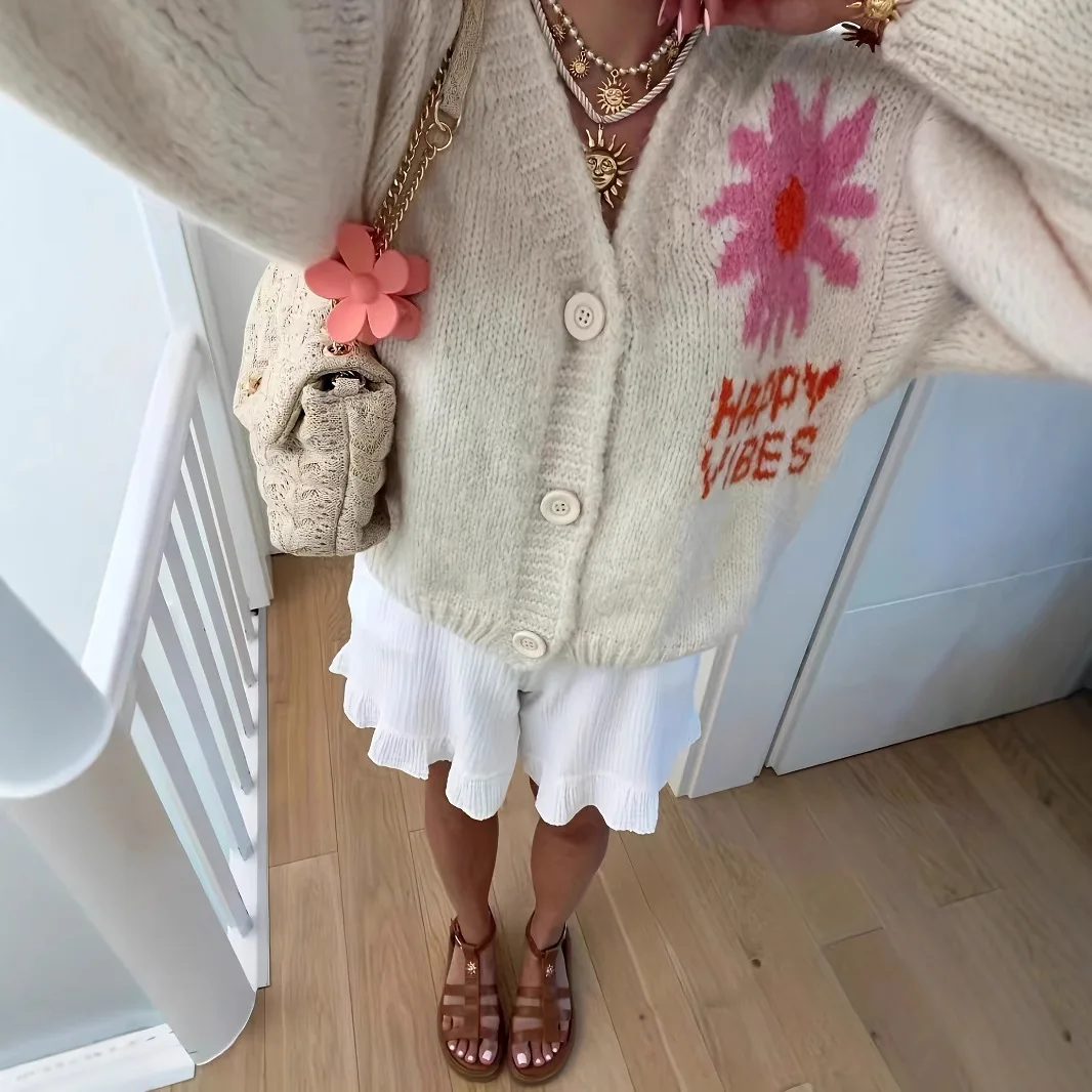 Cardigan con coprispalle casual elegante floreale albicocca 006