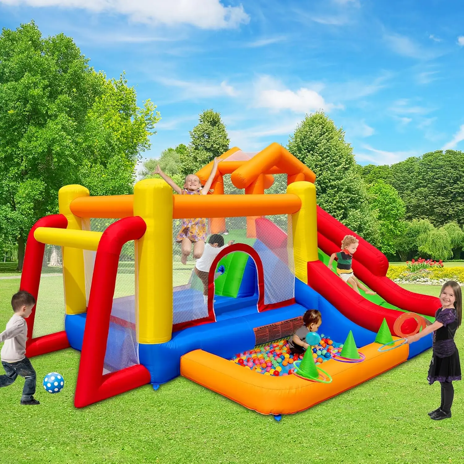Casa de rebote 7 en 1 para niños de 3 a 10, castillo hinchable con tobogán largo, piscina para niños (pozo de pelota), portería de fútbol, pared trepadora, baloncesto