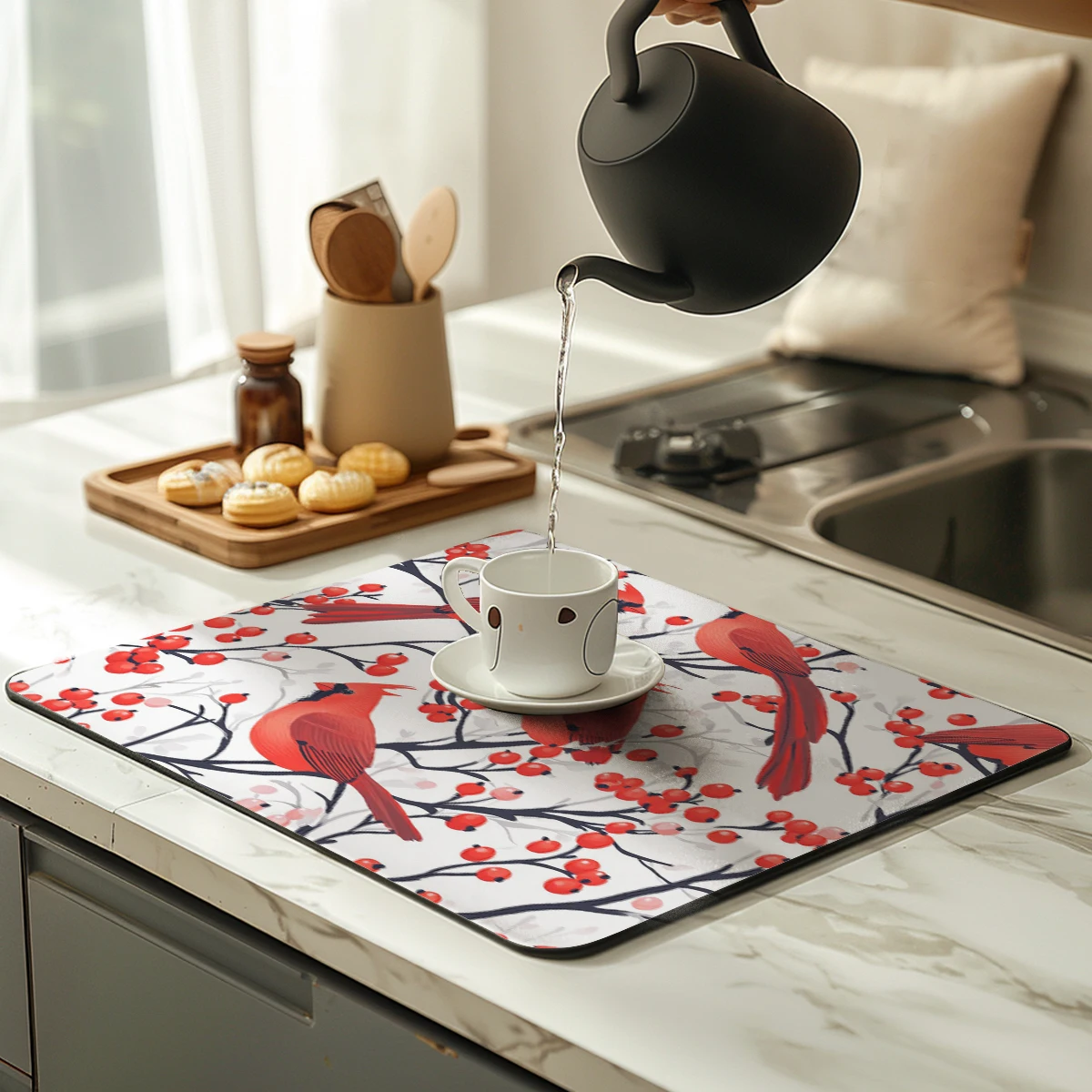 Kitchen Absorbent Drying Mat Christmas Cardinal Bird Leaves Kitchen Table Decoration & Accessories Color Pattern Tables Mats