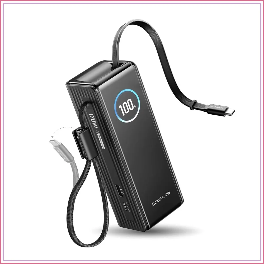 25000mAh Laptop Power Bank, Rapid Portable Charger, Triple 100W USB-C Ports, Built-in Retractable Cables, Fast Charging for iPhone 16/17, MacBook, Samsung