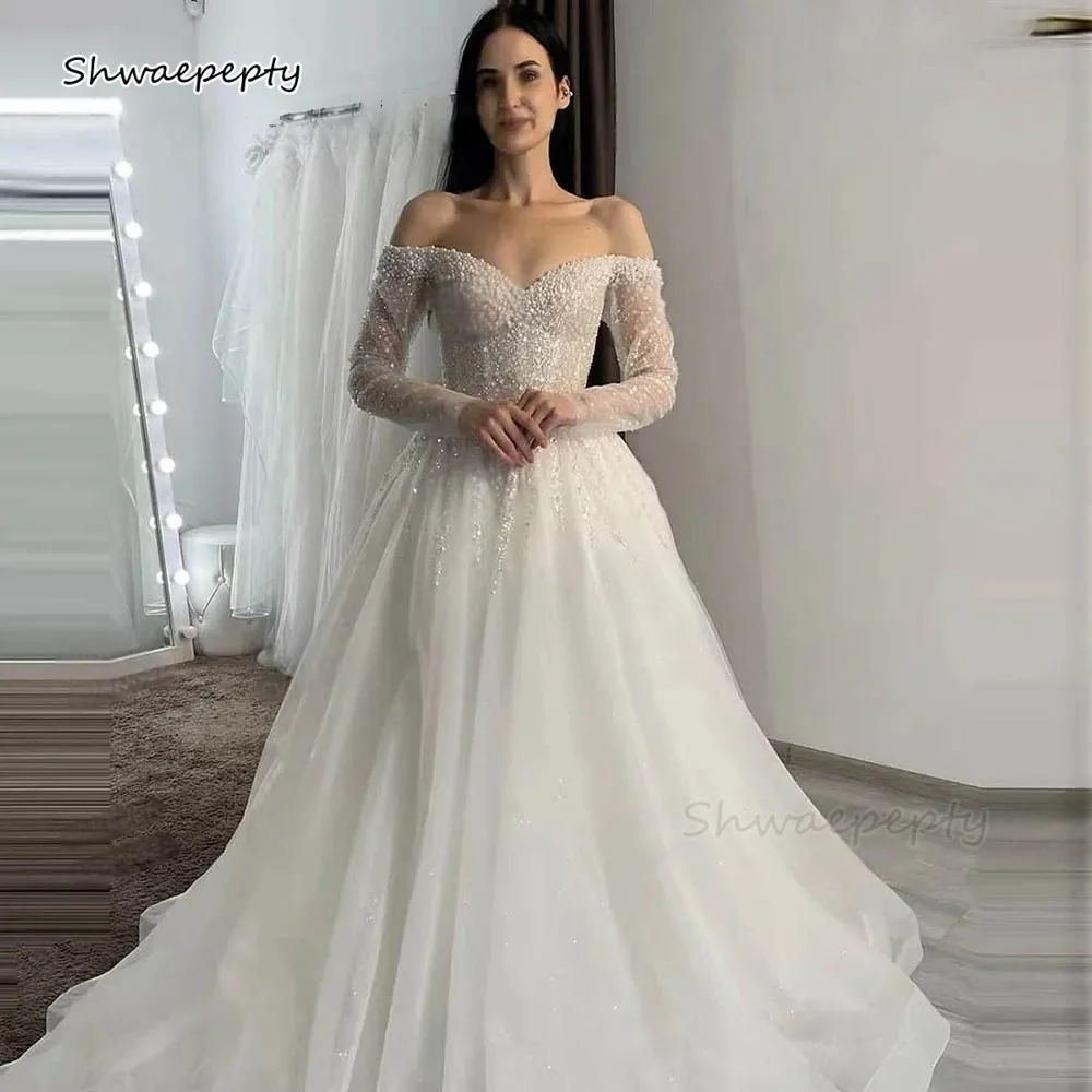 

Beaded Princess Wedding Dress Off Shoulder Long Sleeves A-Line Bridal Gown Sweep Train Ivory Tulle Vestido De Novia Customized