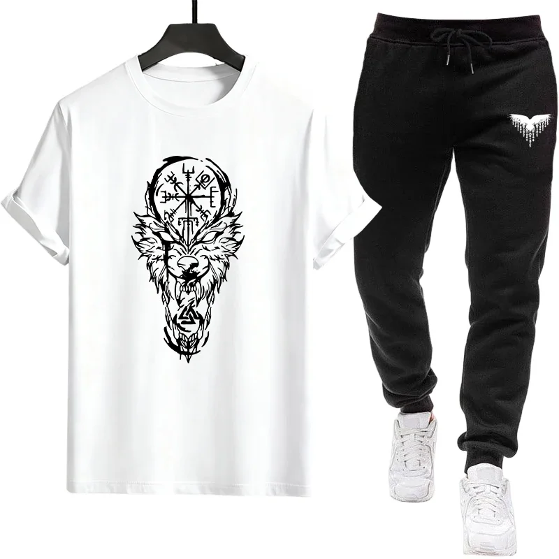 

Spring Summer Daily Casual Fashion Short Sleeve Outfits Fashion Paris Print Tees Tracksuit Men's Set T-shirt and Sweatpants