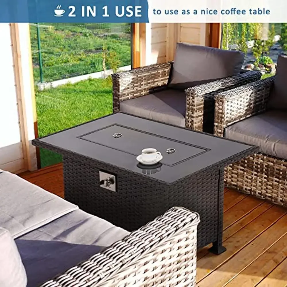 Fire Pit Outdoor Sectional Sofa Set Oversized Armrest Rattan Patio Furniture 7 Piece Sofa Set w/ CSA Certified Gas Fire Table image 3