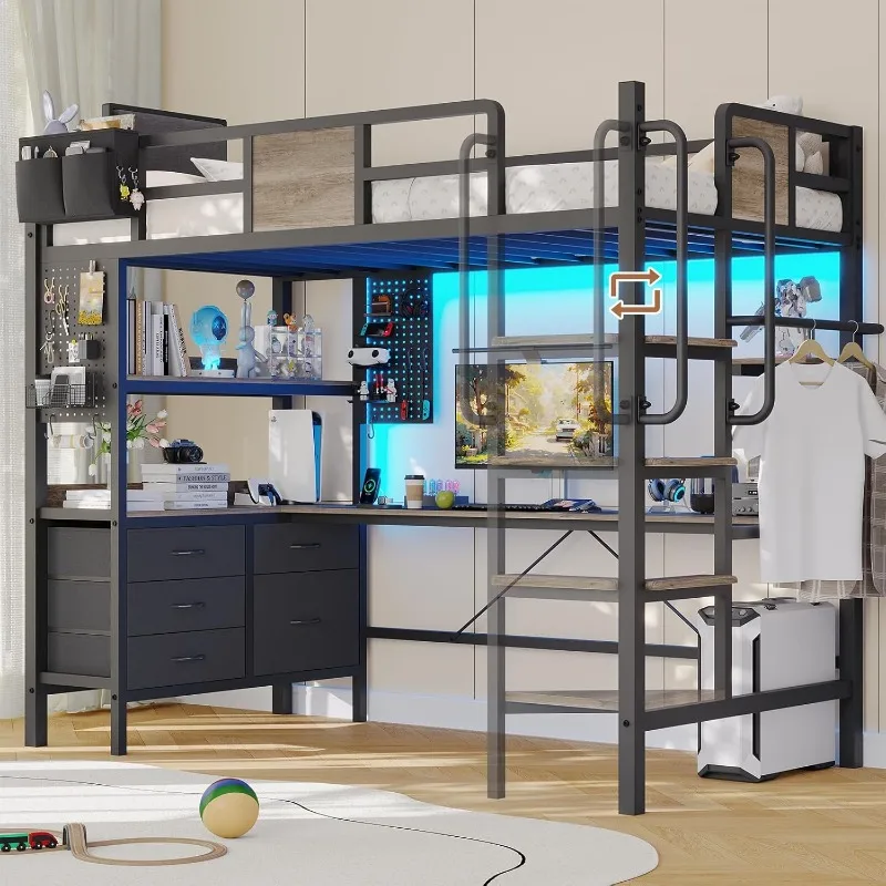 Dnxao Twin Loft Bed with Desk and 5 Storage Drawers,Loft Bed Twin Size with LED Lights and Charging Station