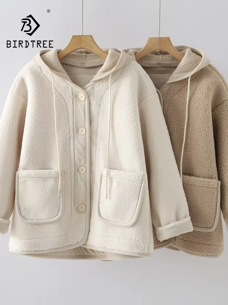 Nowa koszula zimowa z polaru jagnięcego na rok 2025, damska bluza z kapturem, zapinana na guziki, z kieszeniami, patchworkowa, moda Mori Girl, codzienna, ciepła, luźna odzież wierzchnia C5D425CC