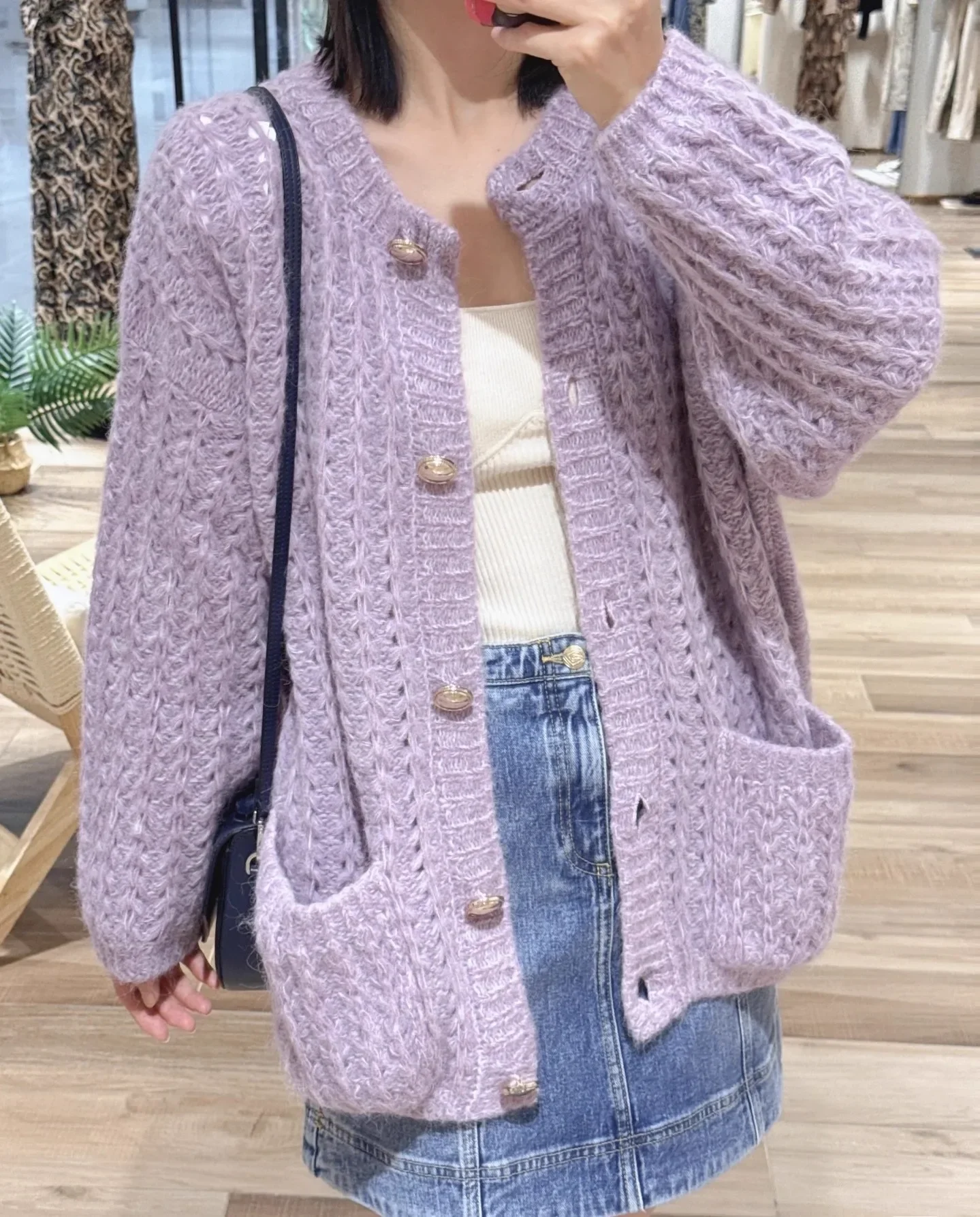 

【Подарок бесплатно】2025 осень-зима женский светло-фиолетовый ажурный свитер с круглым вырезом вязаный кардиган