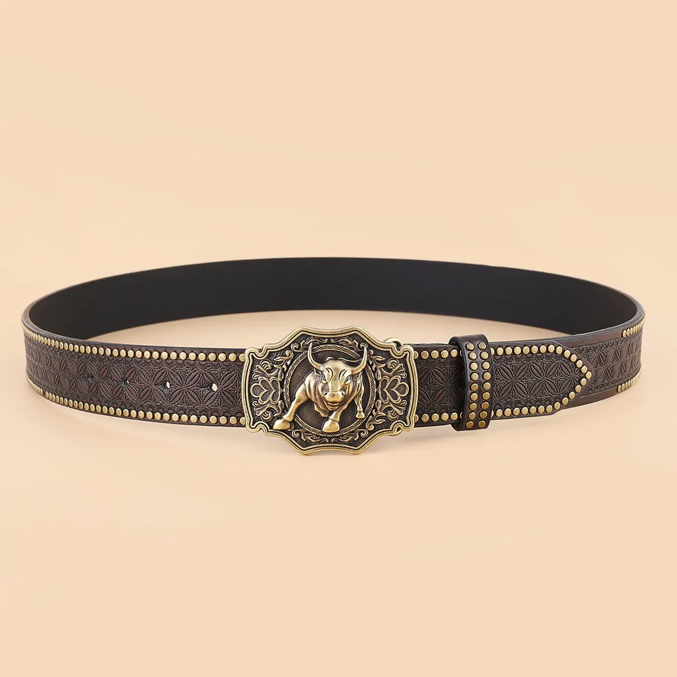 Adjustable Embossed Bull Head Pattern Buckle Belt PU-Leather Waist Belt Ethnic Style Belt Teens Man Waist Belt Wear-Resistant